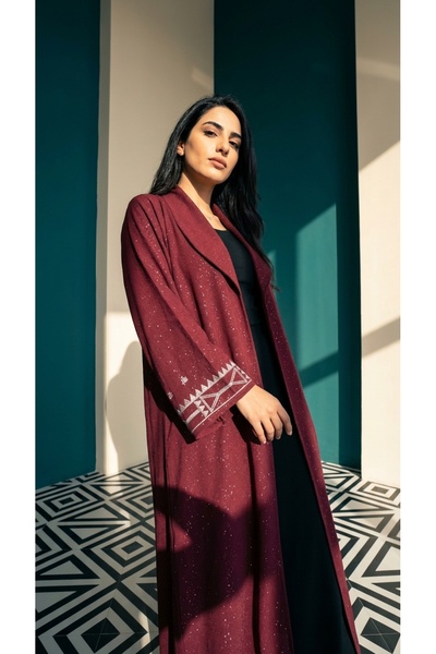 Feya Delara Open Abaya Wine Red Cardigan WITH Silver Glitter