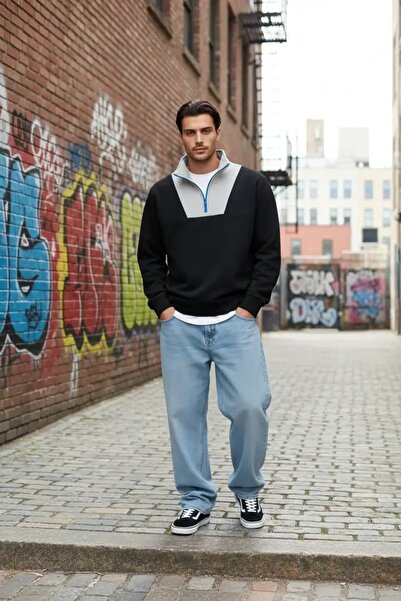 CANMODA Hanorac oversize unisex, de culoare negru-gri, cu polar gros pe inter...