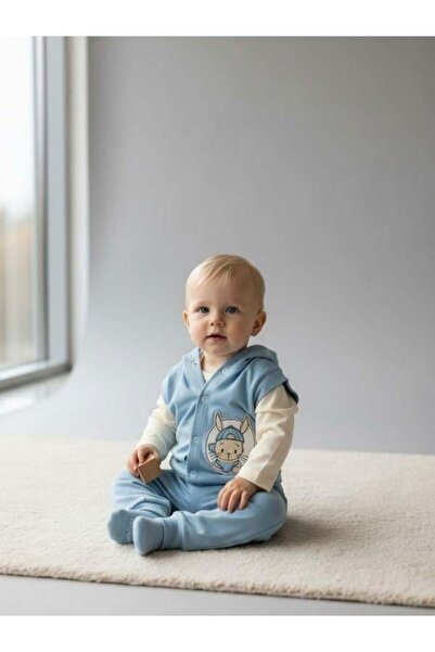 Zekids Baby Boy Cotton Rabbit Detailed Vest and Triple Tracksuit Set