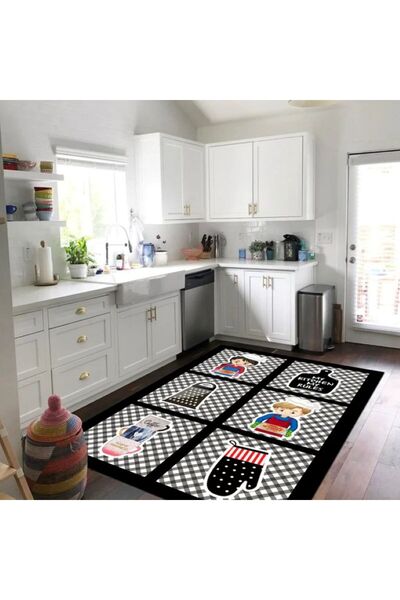 trendyhome Kitchen Rug, Utensil Design, Black/White, Anti-Slip
