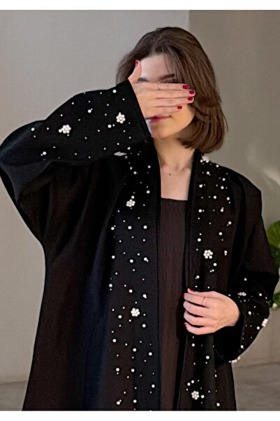 VELORA Laura's black half-circle abaya, embellished with pearls – elegant lux...