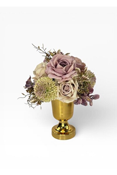 Nettenevime ترتيب زهور صناعية من الورد المجفف والليلك والكريزانثيم بلون ذهبي ...