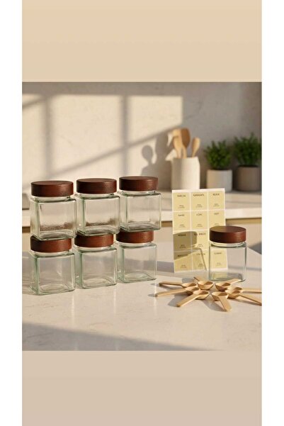 Ogeda Home, Mien 6’lı Akasya Kapaklı Cam Baharatlık Seti – Ahşap Kaşık + Etik...