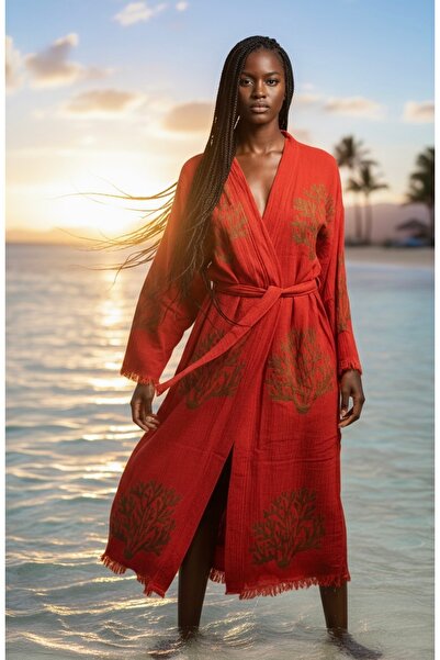 Befera Design Kimono din muselină 100% bumbac, cu imprimeu coral, halat de ba...