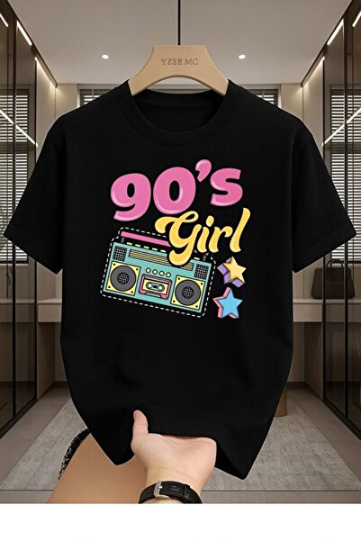 LiyAdaCo Women's 90's Girl Printed Black Crew Neck T-Shirt - T-Shirt