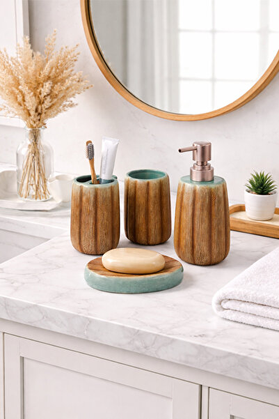 DEVADA HOME 4 Parça Doğal Ahşap Dokulu Seramik Banyo Aksesuar Seti Modern Tas...