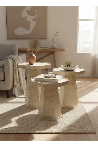 Living Octagon Serving Tables Set 3 Pieces with Elegant Wooden Frame Design