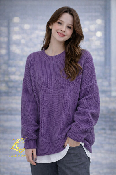 UZÇE MODA Mor Renk Bisiklet Yaka Oversize Kadın Triko Kazak