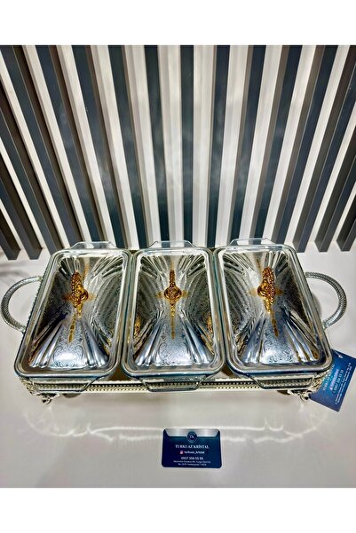 Vakıf home Metal Ayaklı Mumlu Isıtıcılı 3 Bölmeli Kapaklı Gümüş Gold Servis T...