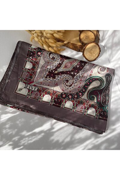FİVESCARF Retro Desen Vual İpek Şal Koyu Vizon