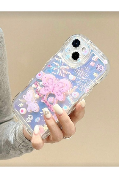 MİRAZ TASARIM غطاء حماية شفاف لهاتف آيفون 13 بنمط الفراشة مع فيلم الهولوغرام