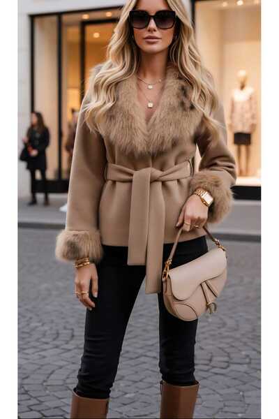 Ahzem Collection Kürk Detaylı Şardonlu Lüks Kaşe Kaban