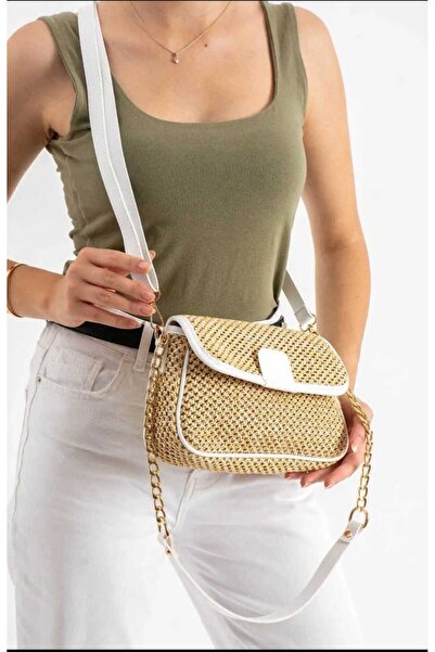 ÖZÜM TAKI Women's Straw Chain Strap Crossbody Shoulder Bag White