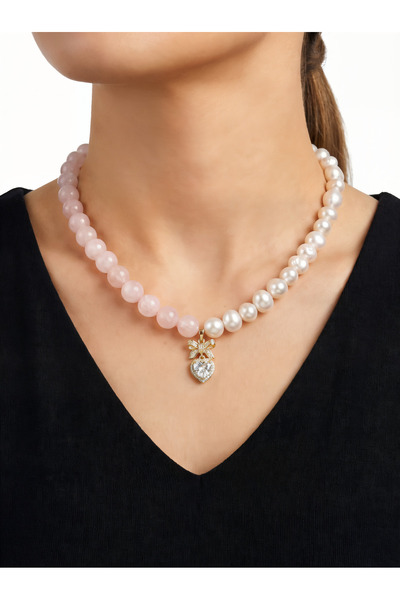 elinasaccessories Gerçek İnci Kolye Kadın Pembe Kuvars Doğal Taşlı Kalp Fiyon...