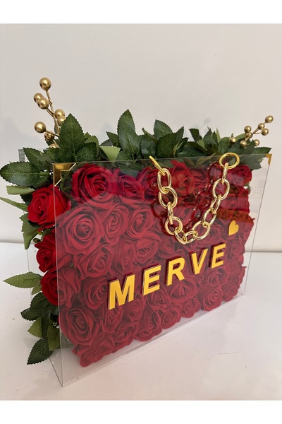 sbcceyiz Büyük boy Hediyelik kişiye özel isimli Pleksi çantalı çiçek aranjman