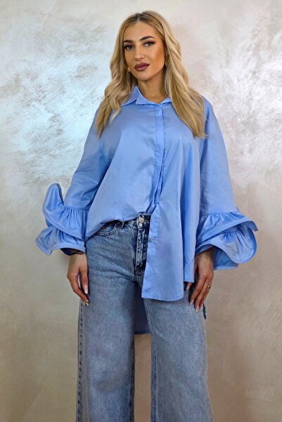 FashionForYou Sugar LoLLy Ruffled Shirt with Asymmetric Length, Baby Blue, Si...