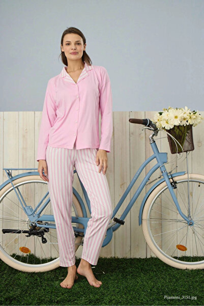 Pijamoni Women's Premium Milan Fabric Shirt Collar Pink Striped Pajama Set
