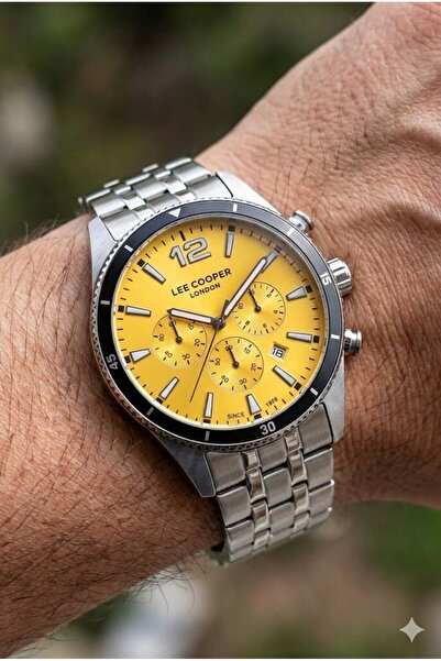 Lee Cooper Chronograph Men's Wristwatch |   45mm Steel Case, Steel Band, Yell...