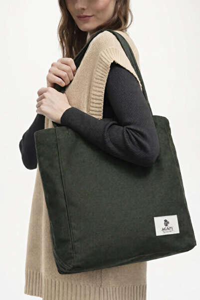 AGAPI Khaki Green Thick Canvas Shoulder Bag - Tote Bag 42X34 cm