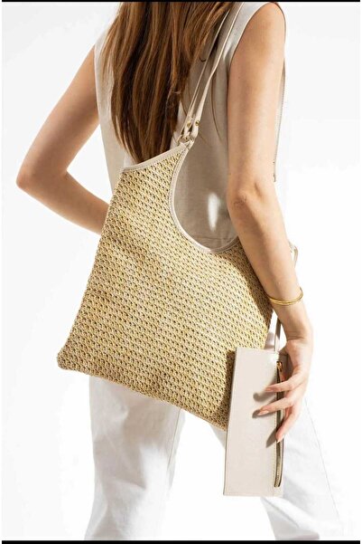 ÖZÜM TAKI Women's Straw Puppy Large Size Shoulder Bag Leather