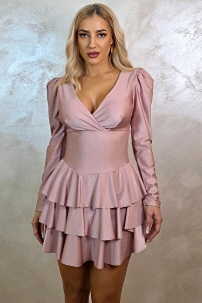 FashionForYou Claire satin dress, with ruffles and long puff sleeves, Pink, U...