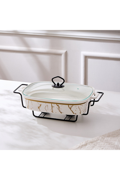 Malooki Porcelain oven dish with warming rack and glass lid, 32 cm - Marble C...