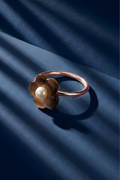 Takıdepo Sedefli Papatya Model Ve İnci Taşlı Minimal Kadın Yüzük - Rose Rengi