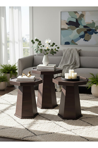 Living Octagon Serving Tables Set 3 Pieces with Elegant Wooden Frame Design