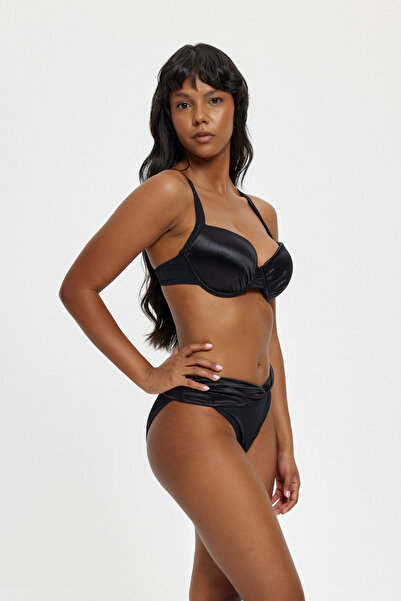 Louren Women's Satin Detailed Black Bikini Set – Covered Top & V-Cut Bottom