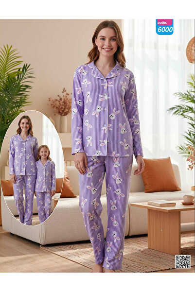 ANGEL VALESKA Rabbit Patterned Buttoned Long Sleeve Mother Daughter Suede Paj...