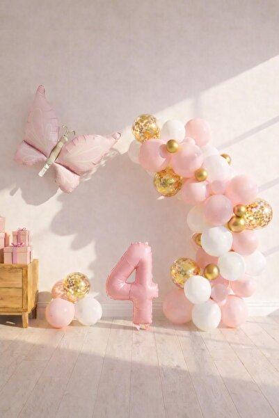 Patladı Gitti Butterfly Themed Pink 4Th Birthday Balloon Set – Pink Gold Ball...