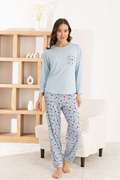 Pijamoni Women's Milan Fabric Crew Neck Blue Pajama Set