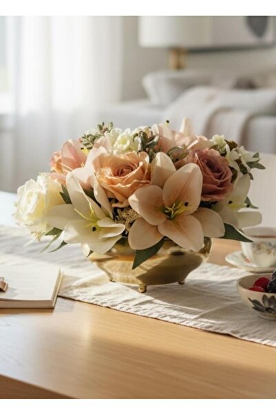 Nettenevime ترتيب زهور صناعية بلون ذهبي مع مزهرية معدنية على شكل طبق طائر، زه...