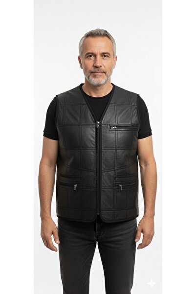 ECALAMODE Men's Black Fur-Lined Quilted Genuine Leather Vest – Zippered, V-Ne...