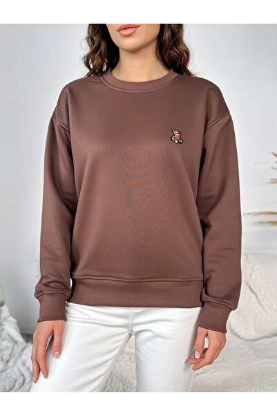 Arma Life 3 İplik Kadın Kahverengi Ayıcık Nakışlı Sweatshirt