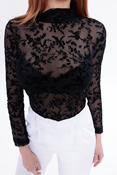 DAME Women's Half Turtleneck Flocked Printed Tulle Blouse