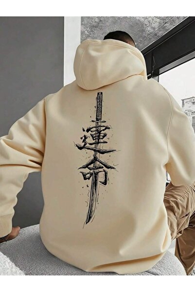 OVER HEAD سويت شيرت هوديي كبير الحجم مطبوع عليه 3 خيوط على طراز الساموراي