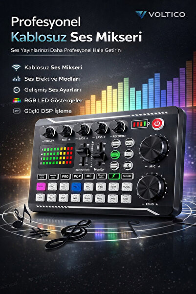 Voltico Profesyonel Kablosuz Ses Mikseri – RGB LED’li, DSP İşlemcili Canlı Ya...