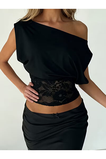 npLStore Women's Short-Sleeved Boat Neck Crop Blouse with Lace Detail at Waist