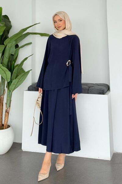 Hazamoda Turquoise Skirt Suit Navy Blue