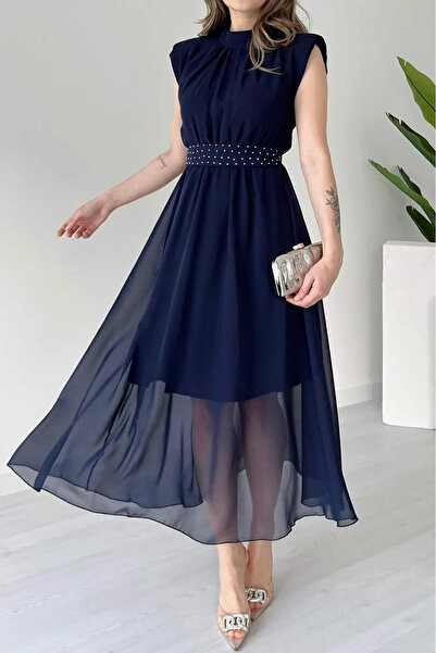 MY GRS Dark blue dress with a waist belt and a cascading chiffon overlay - Ma...