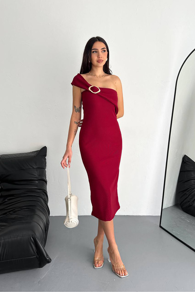 KK Soft beige dress with a belted top and open neckline - Made in Turkey