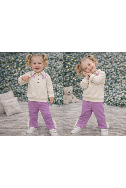 kahkaha kids Kız Çocuk Nakışlı Sweatshirt Eşofman Takımı – Lila Alt Krem Üst ...