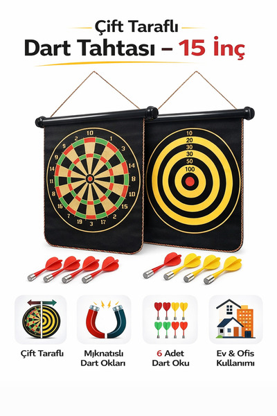 Janissary 15 İnç Çift Taraflı Manyetik Dart Tahtası Seti – 6 Manyetik Dart Ok...
