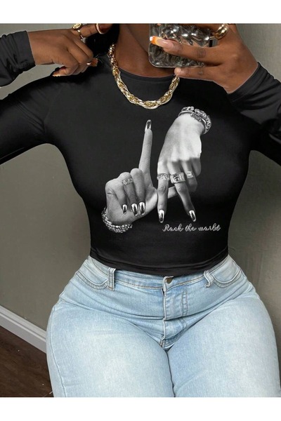 OVER HEAD قميص نسائي مطبوع عليه Rock The World ذو ياقة دائرية