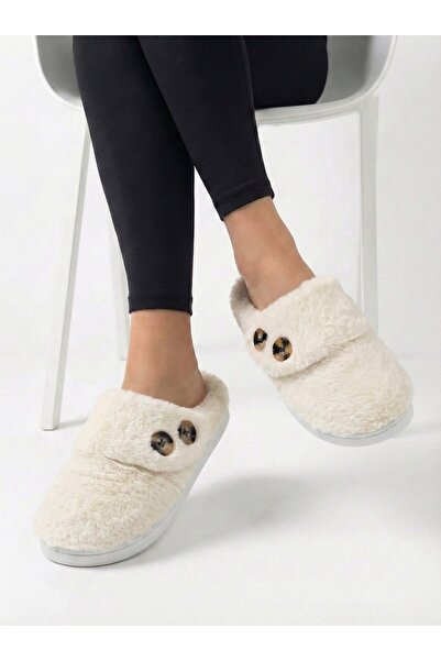 BİG STEPS Şık Düğme Detaylı Peluş Kadın Ev Terliği | Yumuşacık Peluş Terlik, ...