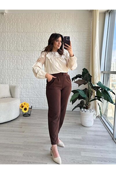 TREND KOMBİN Women's Double Button Pleated Carrot Fit Full Lycra Casual Trousers