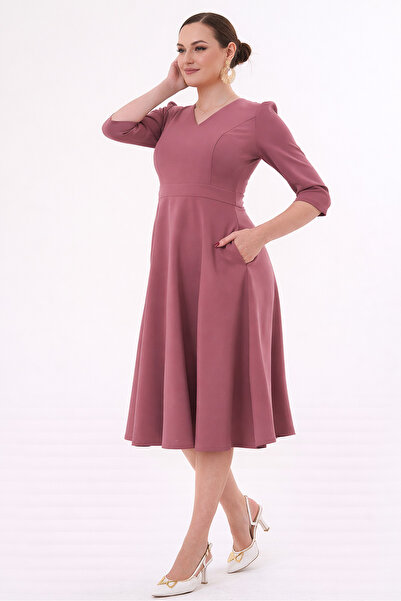 RURIS Women's Dusty Rose V-Neck Pocketed Three-Quarter Sleeve Midi Flared Dou...