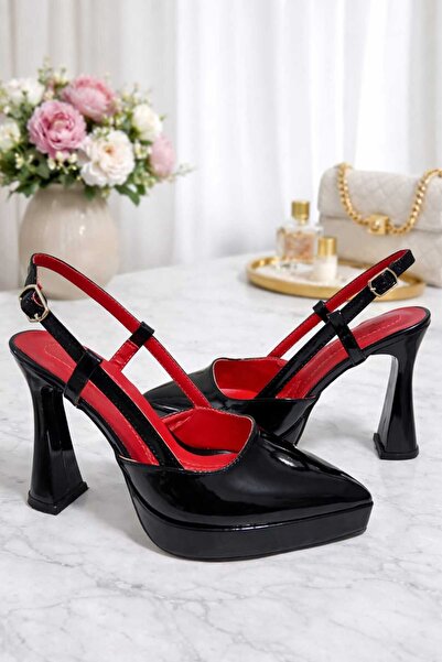 FAMELS TARZINI YAŞA Open Back Pointed Toe Black Patent Leather Patterned Heel...