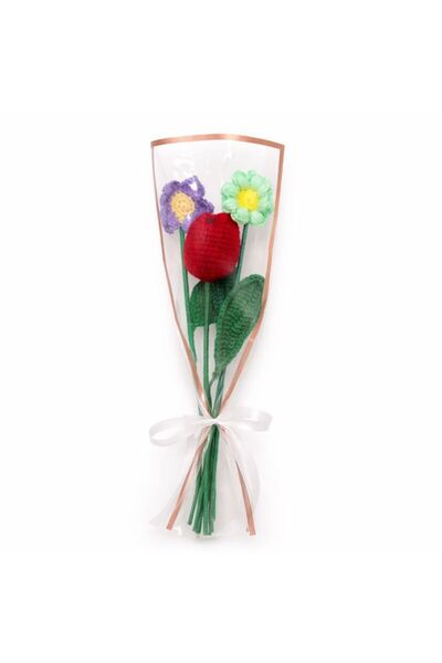 BUNILU Crocheted flower bouquet – red tulips and daisies